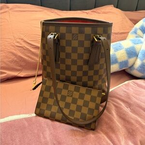 Brown Checkered Tote Bag with Pouch